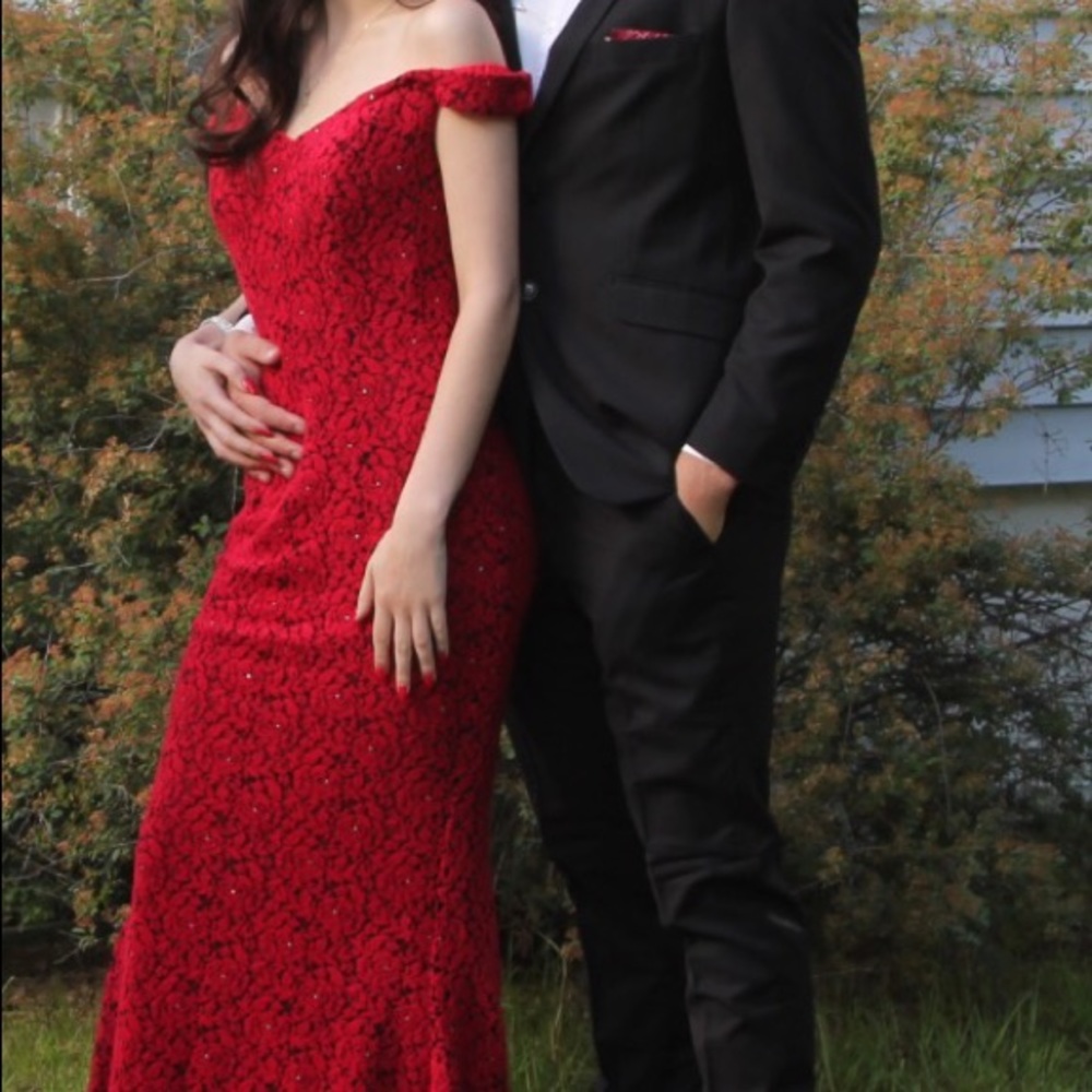 Off the shoulder rose embellished prom gown